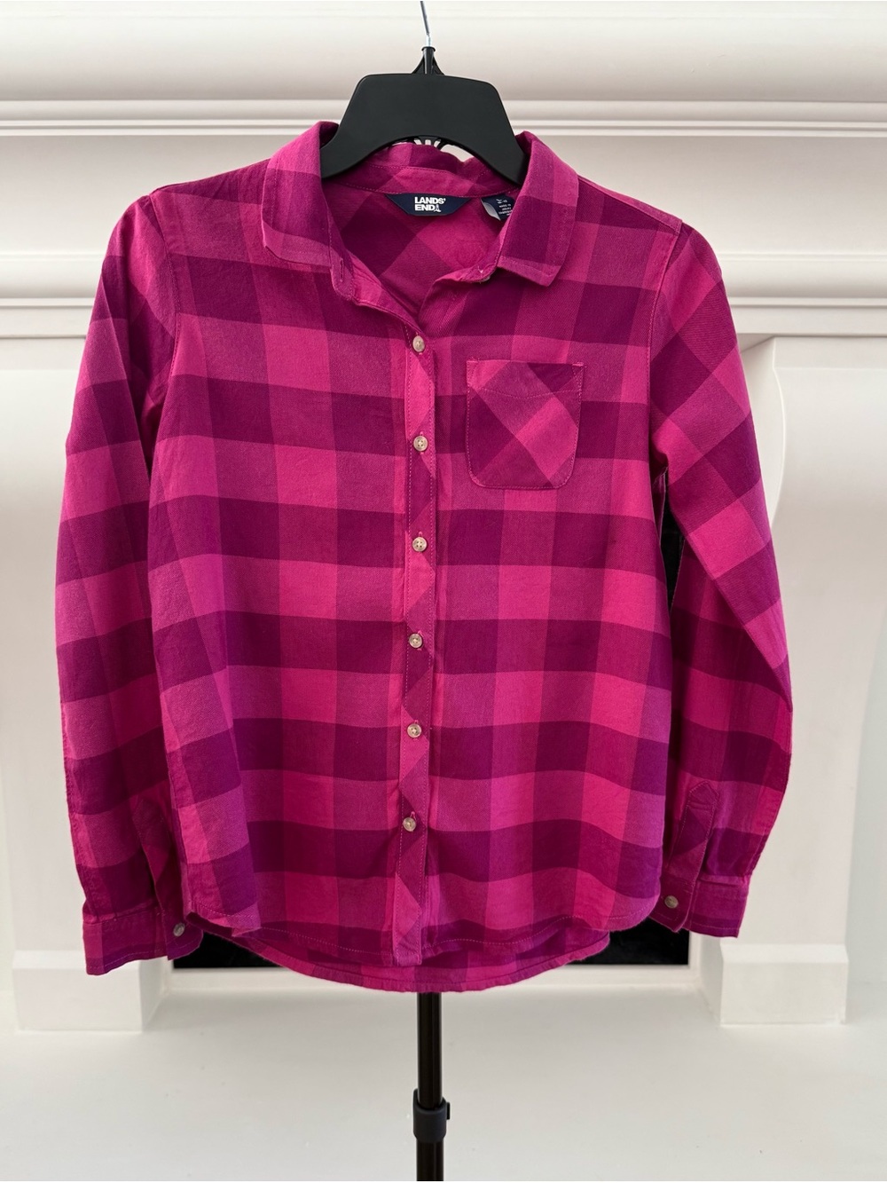 Lands' End Girls' Fuchsia and Magenta Plaid Button-Down Shirt- Girls L
